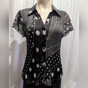 Alison Sheri Black & White Polka Dot Short Sleeve Blouse Button Front Top Office